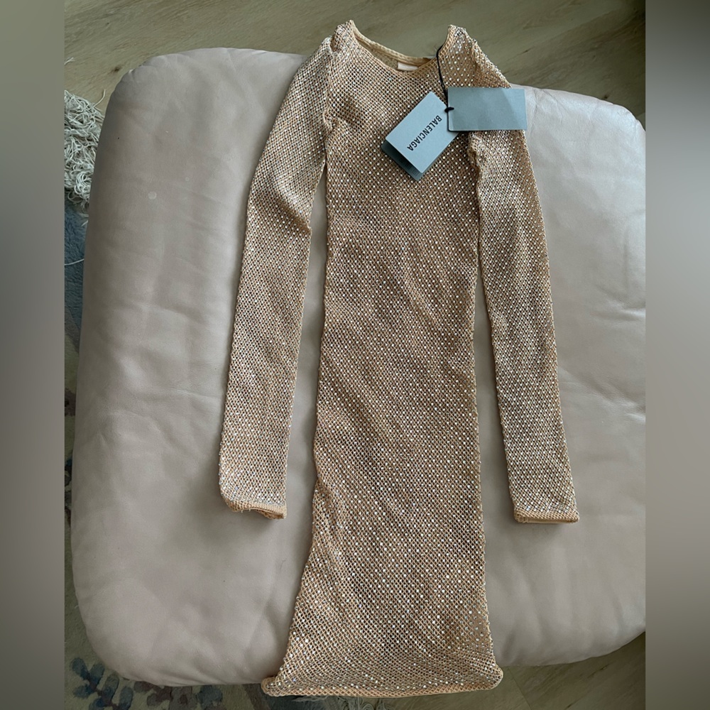 Balenciaga - crystal-mesh long-sleeve minidress in beige - size small - NWT